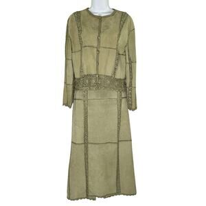 Vintage S.M.H Olive Leather Crochet Trim M Jacket Skirt Set Western Rodeo *flaw